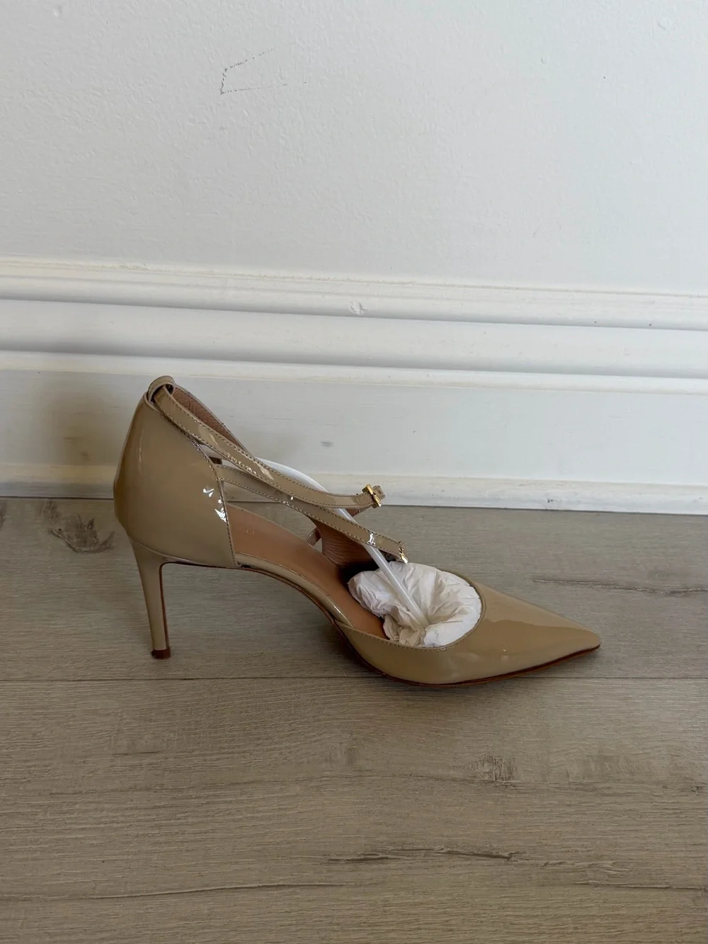 Bruno Magli Beige Patent Leather Strappy Pointed-Toe Heels